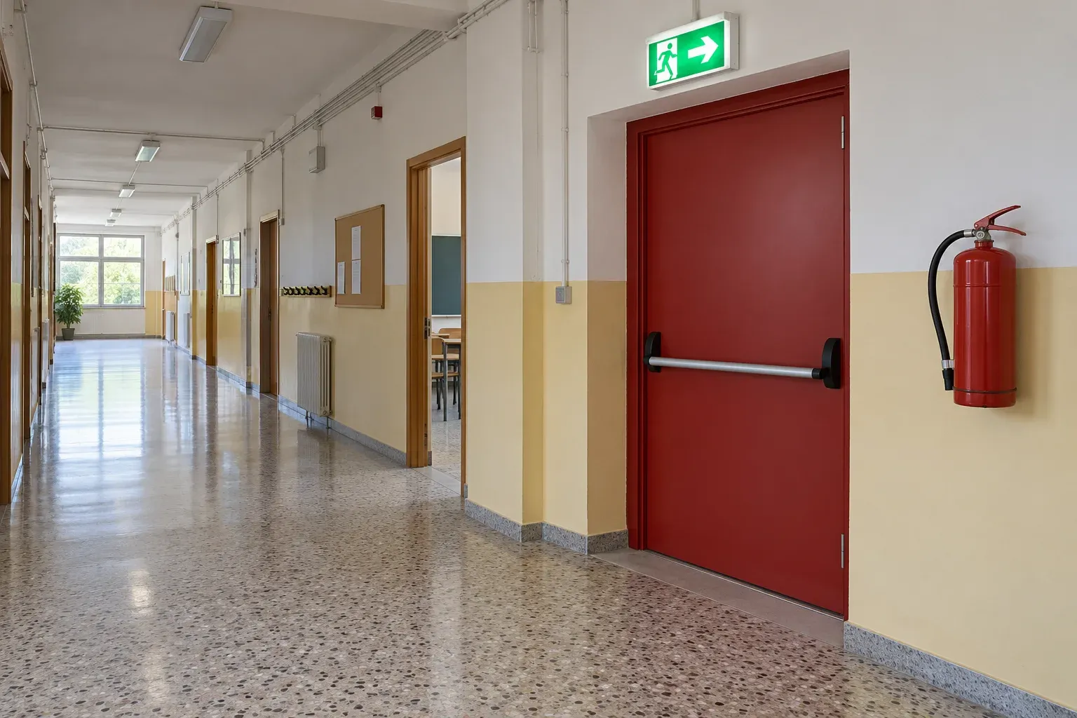 Corridoio scolastico con porta tagliafuoco e segnale di uscita illuminato